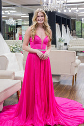 Long A-Line Prom Dress with Fuchsia Spaghetti Straps Pleated Skirt and Slit
