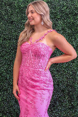 Long Corset Prom Dress in Pink with Spaghetti Straps Mermaid Tulle and Appliques
