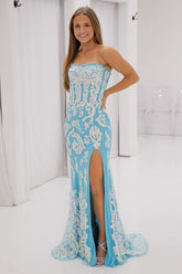 Long Strapless Mermaid Prom Dress in Sparkly Blue with Sequins and Corset
