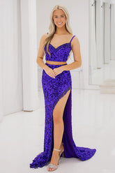 Long Prom Dress with Sparkly Purple Sequins and Fringe in Two-Piece Spaghetti Straps Style