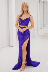Long Prom Dress with Sparkly Purple Sequins and Fringe in Two-Piece Spaghetti Straps Style