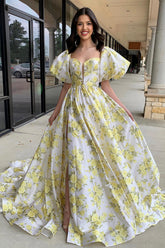 Long Prom Dress in Yellow Princess Satin with Floral Print Square Neck and Puff Sleeves