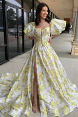 Long Prom Dress in Yellow Princess Satin with Floral Print Square Neck and Puff Sleeves