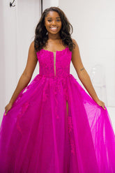 Long Corset Prom Dress in Fuchsia with Tulle Princess Spaghetti Straps and Appliques