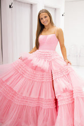 Princess Long Prom Dress with Pink Spaghetti Straps and Tiered Tulle Featuring Feather