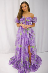 Long A-Line Prom Dress with Purple Floral Print Off-the-Shoulder Design and Slit