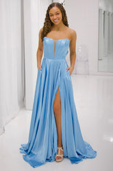 Long Blue Satin A-Line Strapless Prom Corset Dress Featuring a Bow