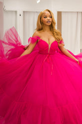 Elegant Fuchsia Off-the-Shoulder Tulle Gown for Prom