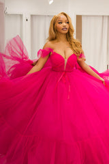 Elegant Fuchsia Off-the-Shoulder Tulle Gown for Prom