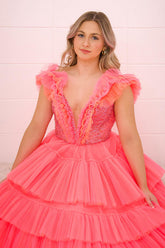Princess Tulle Long Prom Dress in Coral with Deep V-Neck Tiered Layers and Beading