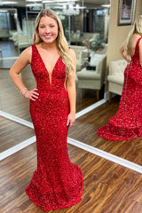 Red Sparkly Mermaid Prom Dress with Deep V-neck and Sequins Cut-out