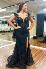 Long Black Mermaid Corset Prom Dress with Off-the-Shoulder Embroidery and Feather