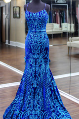 Long Royal Blue Mermaid Prom Dress with Sparkly Sequins and Spaghetti Straps