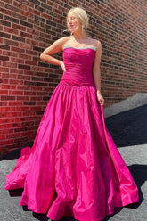 Long Fuchsia Satin Princess Prom Dress with Ruched Strapless Design and Beading