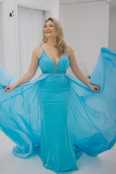 Sky Blue Glitter Mermaid Prom Dress with Beaded Straps and Waist Cape