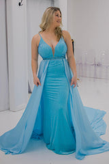 Sky Blue Glitter Mermaid Prom Dress with Beaded Straps and Waist Cape