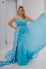 Sky Blue Glitter Mermaid Prom Dress with Beaded Straps and Waist Cape