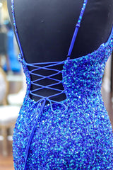 Royal Blue Sparkle Sequins Mermaid Prom Dress with Slit and Spaghetti Straps