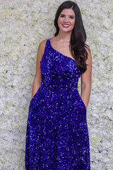 Royal Blue Sparkly One-Shoulder Long A-Line Sequined Prom Dress with Slit
