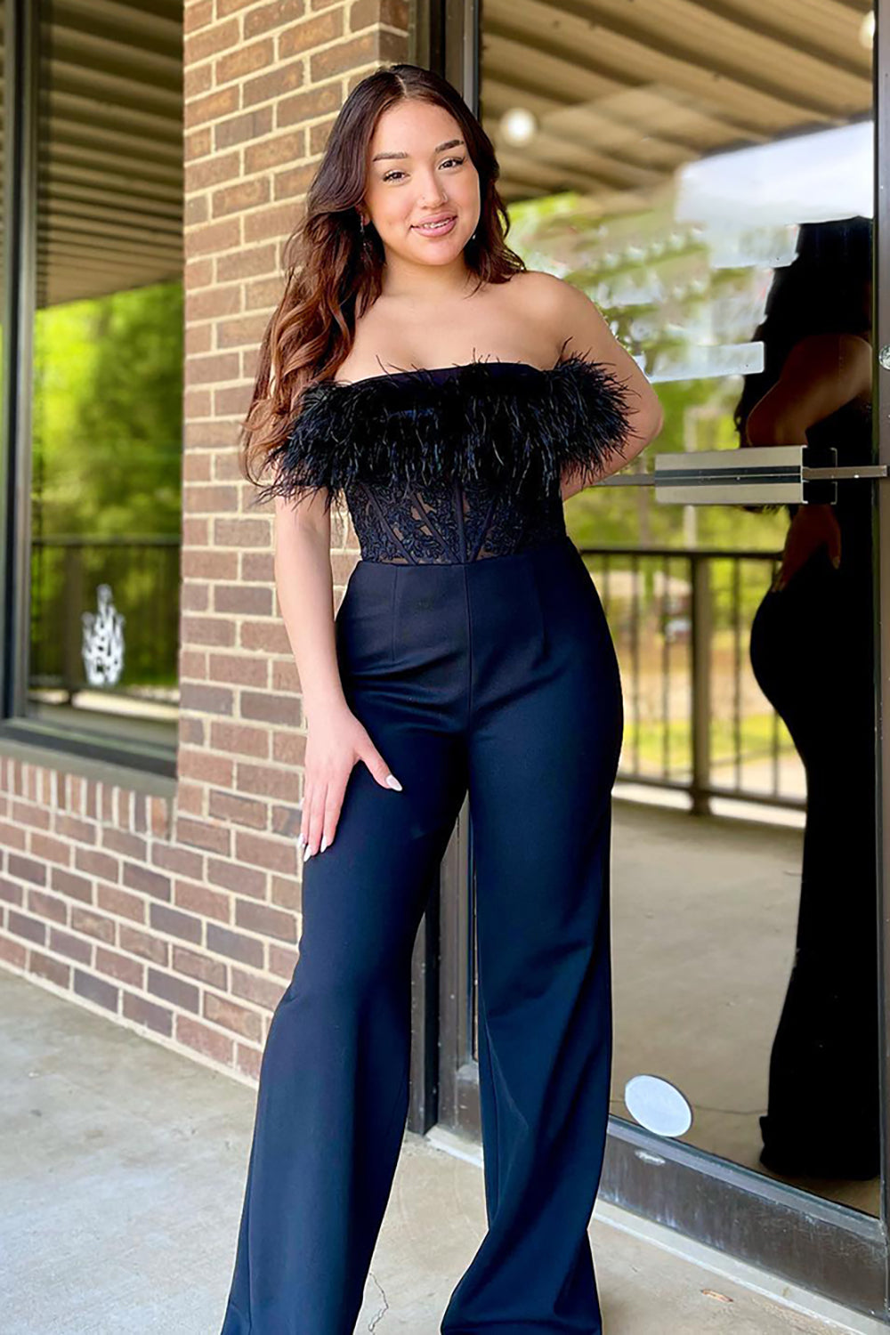 Stylish Black Strapless Corset Jumpsuit with Feather for Prom