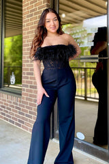 Stylish Black Strapless Corset Jumpsuit with Feather for Prom