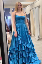 Elegant Royal Blue Satin Prom Dress with Spaghetti Straps and Tiered A-Line Skirt