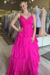 Long Prom Dress with Fuchsia Princess Organza Tiered Spaghetti Straps