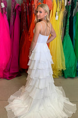 Long White Princess Chiffon Prom Dress with Tiered Skirt and Spaghetti Straps