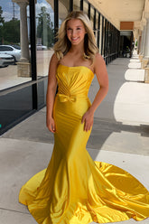 Long Yellow Satin Mermaid Prom Dress with Sweetheart Neckline and Ruched Bow