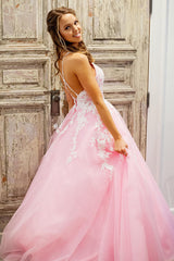 Princess Long Prom Dress in Pink with Tulle and Spaghetti Straps Featuring Appliques