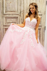Princess Long Prom Dress in Pink with Tulle and Spaghetti Straps Featuring Appliques