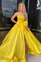 Sweetheart Princess Long Prom Dress in Yellow with Satin Applique and Bow 2-Piece