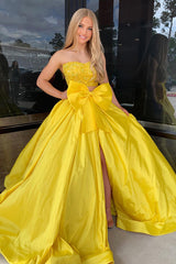 Sweetheart Princess Long Prom Dress in Yellow with Satin Applique and Bow 2-Piece