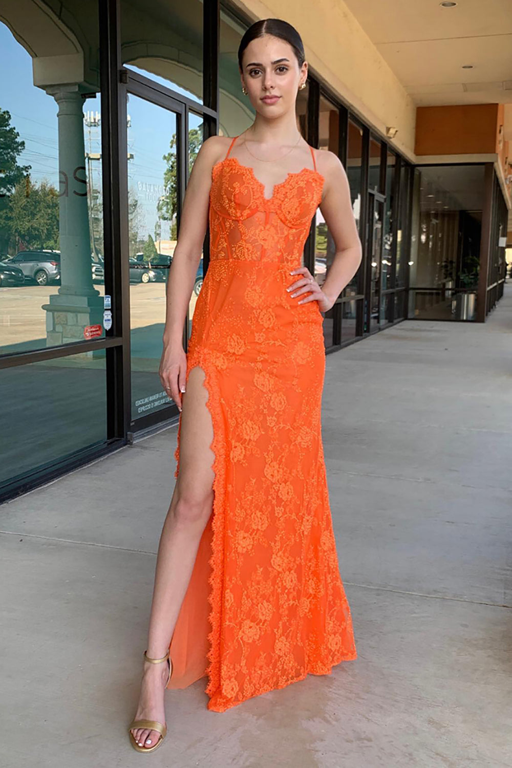 Long Mermaid Corset Prom Dress in Orange with Lace Spaghetti Straps and Slit