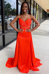 Long Satin Mermaid Prom Dress with Orange Spaghetti Straps and Beading