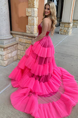 Long Strapless Prom Dress in Fuchsia with Mermaid Silhouette Tiered Tulle and Beading