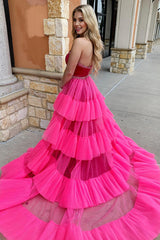 Long Strapless Prom Dress in Fuchsia with Mermaid Silhouette Tiered Tulle and Beading
