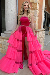 Long Strapless Prom Dress in Fuchsia with Mermaid Silhouette Tiered Tulle and Beading