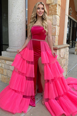 Long Strapless Prom Dress in Fuchsia with Mermaid Silhouette Tiered Tulle and Beading