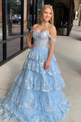 Long Corset Prom Dress in Light Blue with Sparkly Sequin Appliques and Tiered Tulle