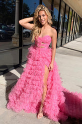 Sweetheart Princess Long Prom Dress in Pink Floral Tulle with Tiered Cut-out and Slit