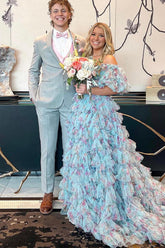 Princess Long Prom Dress with Blue Floral Off-Shoulder Puff Sleeves and Tiered Tulle