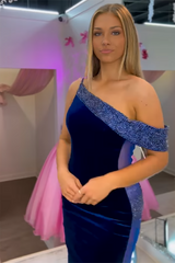 Dark Blue Velvet Mermaid Prom Dress with Beading and One Shoulder