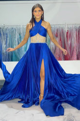 Elegant Royal Blue A-Line Satin Prom Dress with Halter Neck and Beaded Details