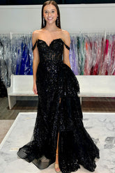 Black Sparkle Off-Shoulder Corset Prom Dress with Mermaid Silhouette and Tiered Tulle Applique