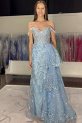 Black Sparkle Off-Shoulder Corset Prom Dress with Mermaid Silhouette and Tiered Tulle Applique