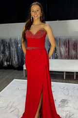 Long Red Sparkly Mermaid Prom Dress with Ruched Satin and Sweetheart Beading