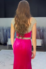 Fuchsia Velvet Mermaid Prom Dress with Sparkly Beading and V Neck
