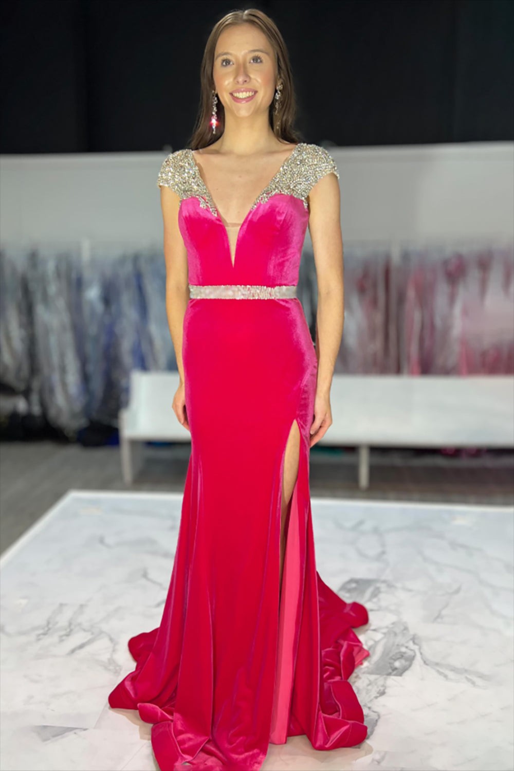 Fuchsia Velvet Mermaid Prom Dress with Sparkly Beading and V Neck