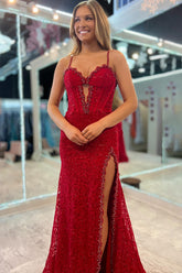 Long Mermaid Prom Dress with Sparkly Dark Red Beaded Corset and Spaghetti Straps Featuring a Slit